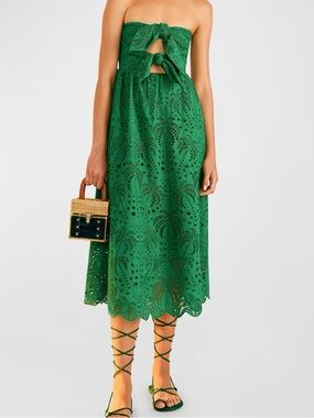 Farm Rio Palm Tree Eyelet Embroidered Midi Strapless Green Dress Size XS